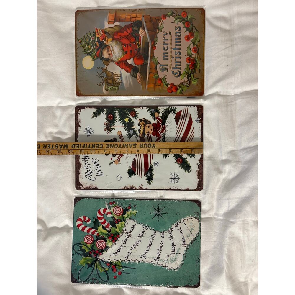 3 Pc Christmas Metal Wall Art Santa Snowmen Candy Cane - Picture 3 of 4